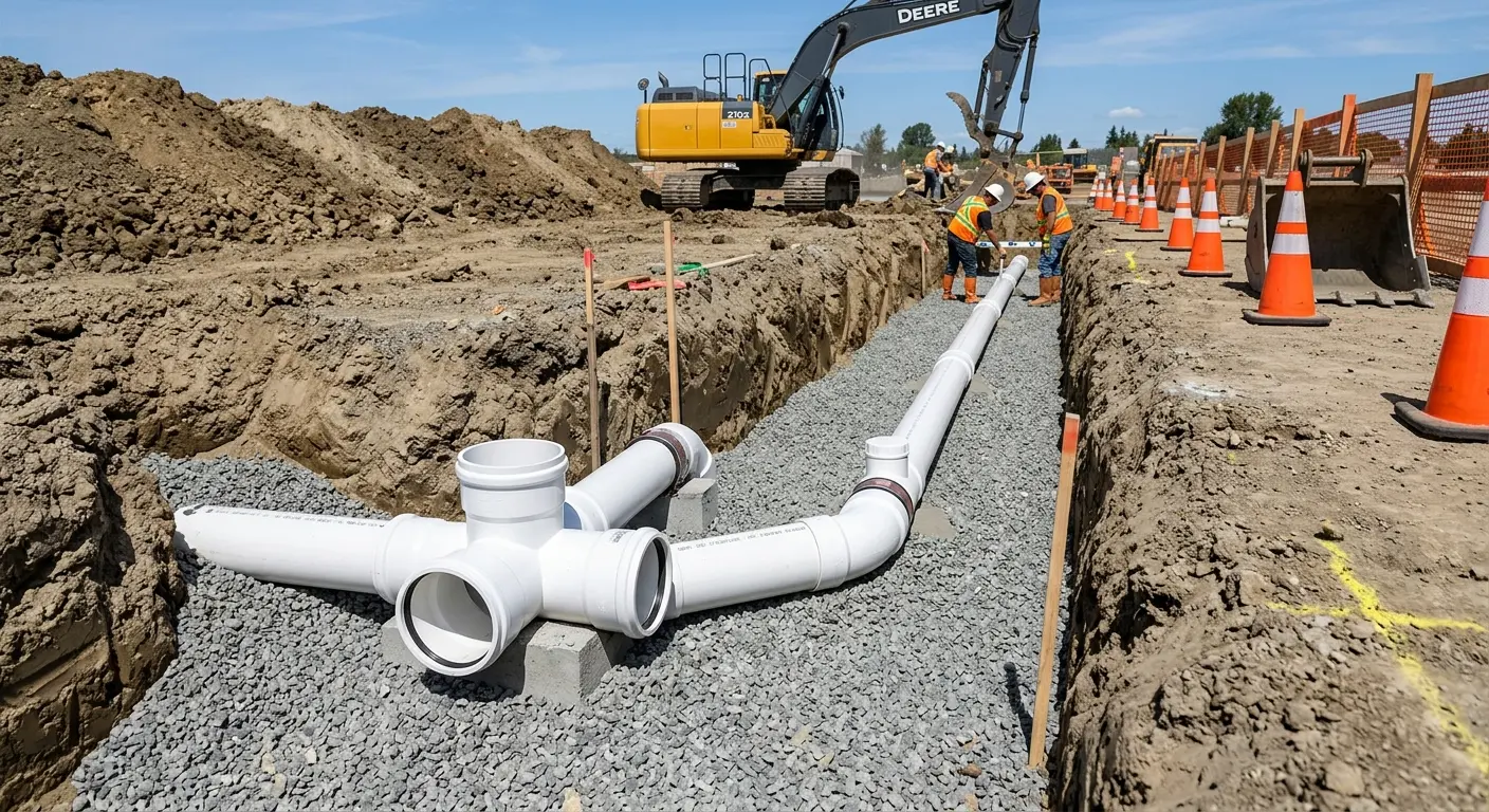 New PVC sewer pipe installation in open trench for Commercial Drain Cleaning in Jerome