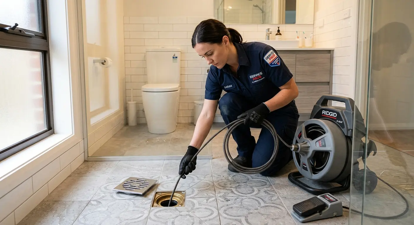 Technician clearing a bathroom floor drain for Drain Cleaning in Jerome